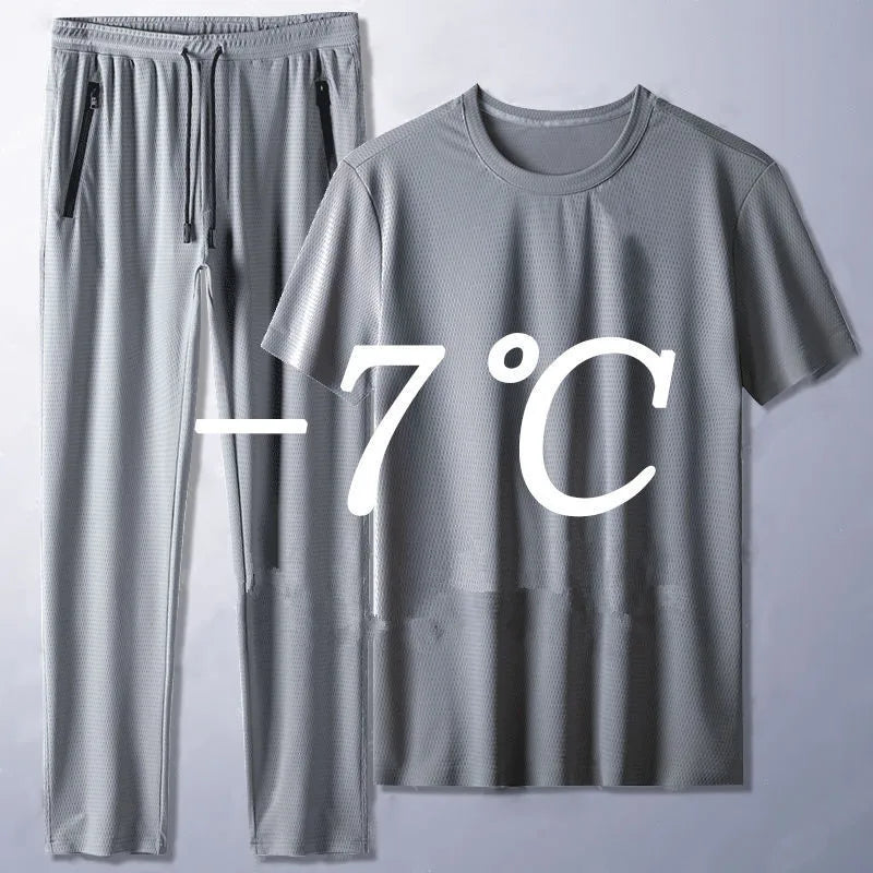 Summer Sports Suit Men's Trendy Short Sleeved Pants Two-piece Set Solid Color Casual Ice Silk Mesh Air-conditioned Pants for Men