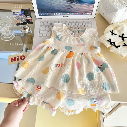 Baby Girls’ 2-Piece Summer Outfit – Sleeveless Floral Top & Cloud-Trim Skirt Lightweight Princess-Style Set Toddler Girl Clothes