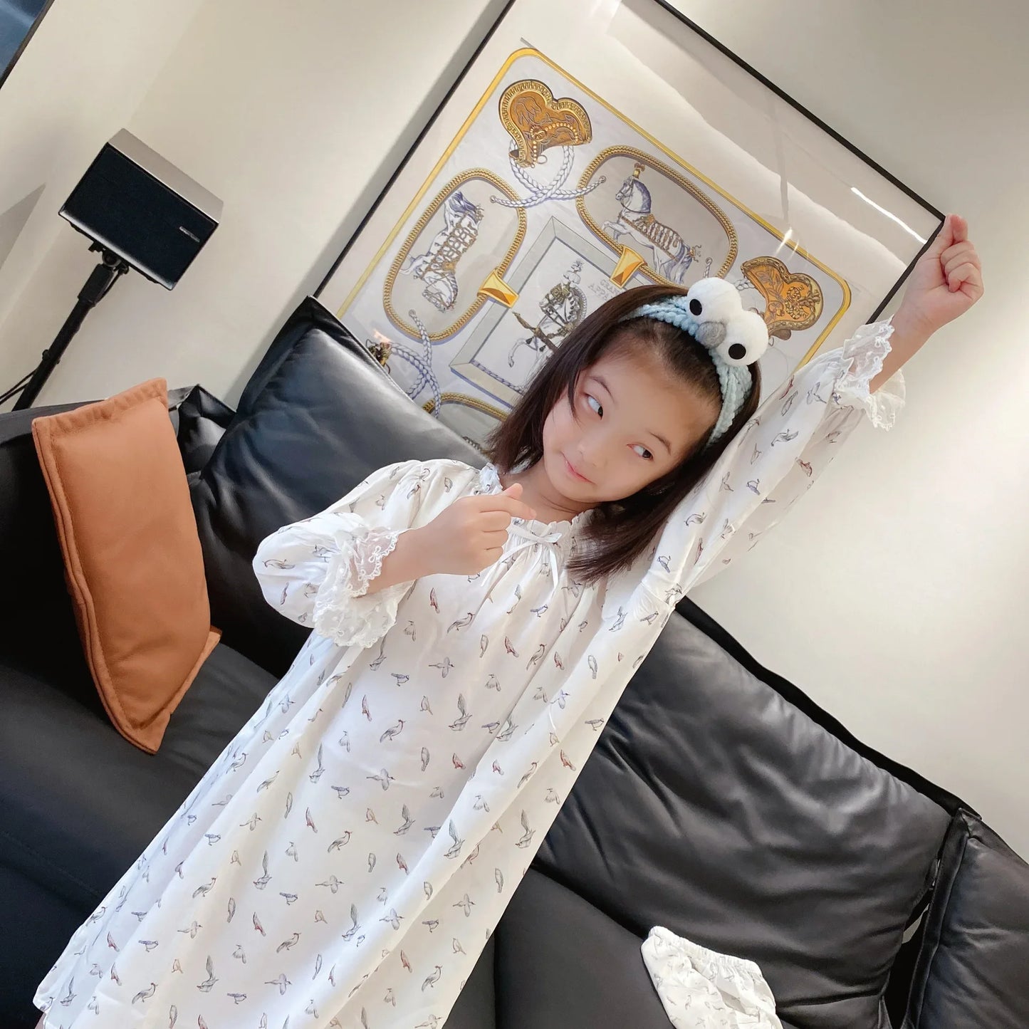 Girls Pajamas Set 2025 Spring And Summer New Blue Lace Lace Children's Home Clothing Cotton Printed Pajamas Children's Clothing