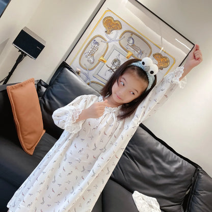 Girls Pajamas Set 2025 Spring And Summer New Blue Lace Lace Children's Home Clothing Cotton Printed Pajamas Children's Clothing