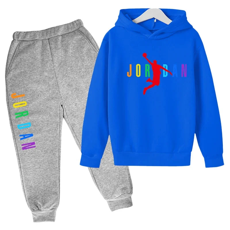 Children Sports Coat 3-13 Years Hoodie Basketball Letter Print Boys Sweatshirt Girls Toddler Top + Trousers 2P Stylish Casual Se