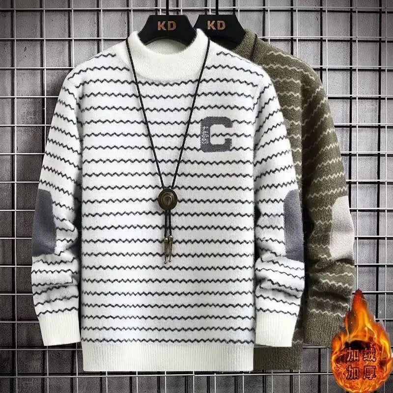 Sweater for Men Classic Fleece Lined Thick Warm Stripes Thicken Warm Base Layer Pullover Half-high Collar Trendy Casual Sweater