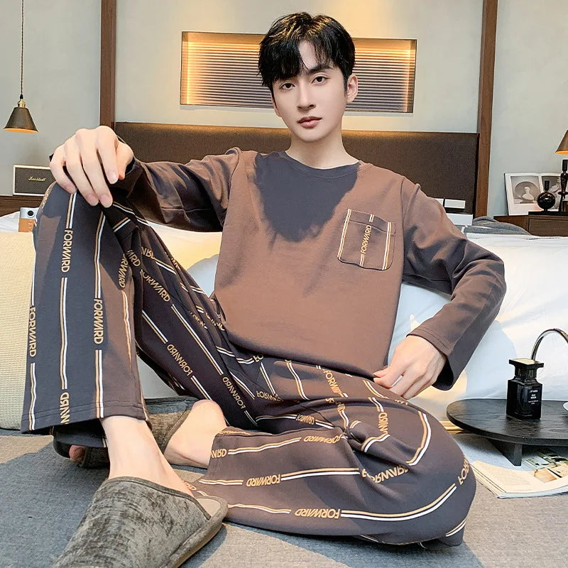 Pajamas for Men Spring Autumn Long Sleeve Lapel Button-up Cardigan Trousers Two-pieces Loose Casual Home Clothes Men Pajama Sets