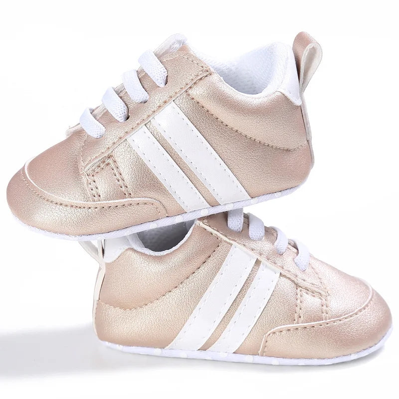 Newborn Baby Boys Shoes for 1 Year Footwear with Striped Infant Casual PU Leather Toddler Soft Sole Girls Sneakers First Walkers