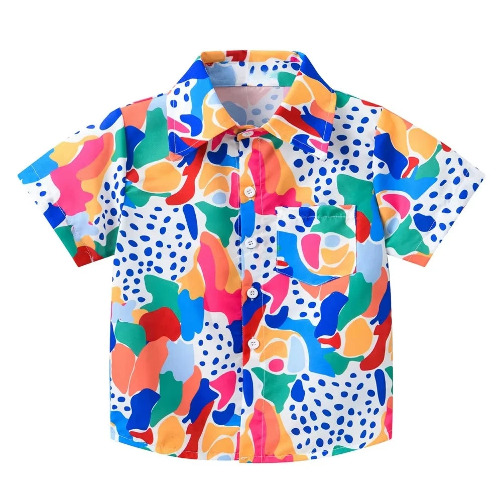 Girl Blouse Fashion Pink Flower Printed Children Top Lapel Short Sleeve Girl Clothes from 5 to 6 Years Top Shirts for Children