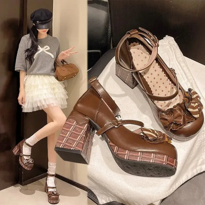 2025 New Sweet Girls Lolita High Heels Platform Shoes Young Women Students Cute Chocolate Candy Bowknots Ankle Strap Mary Jane