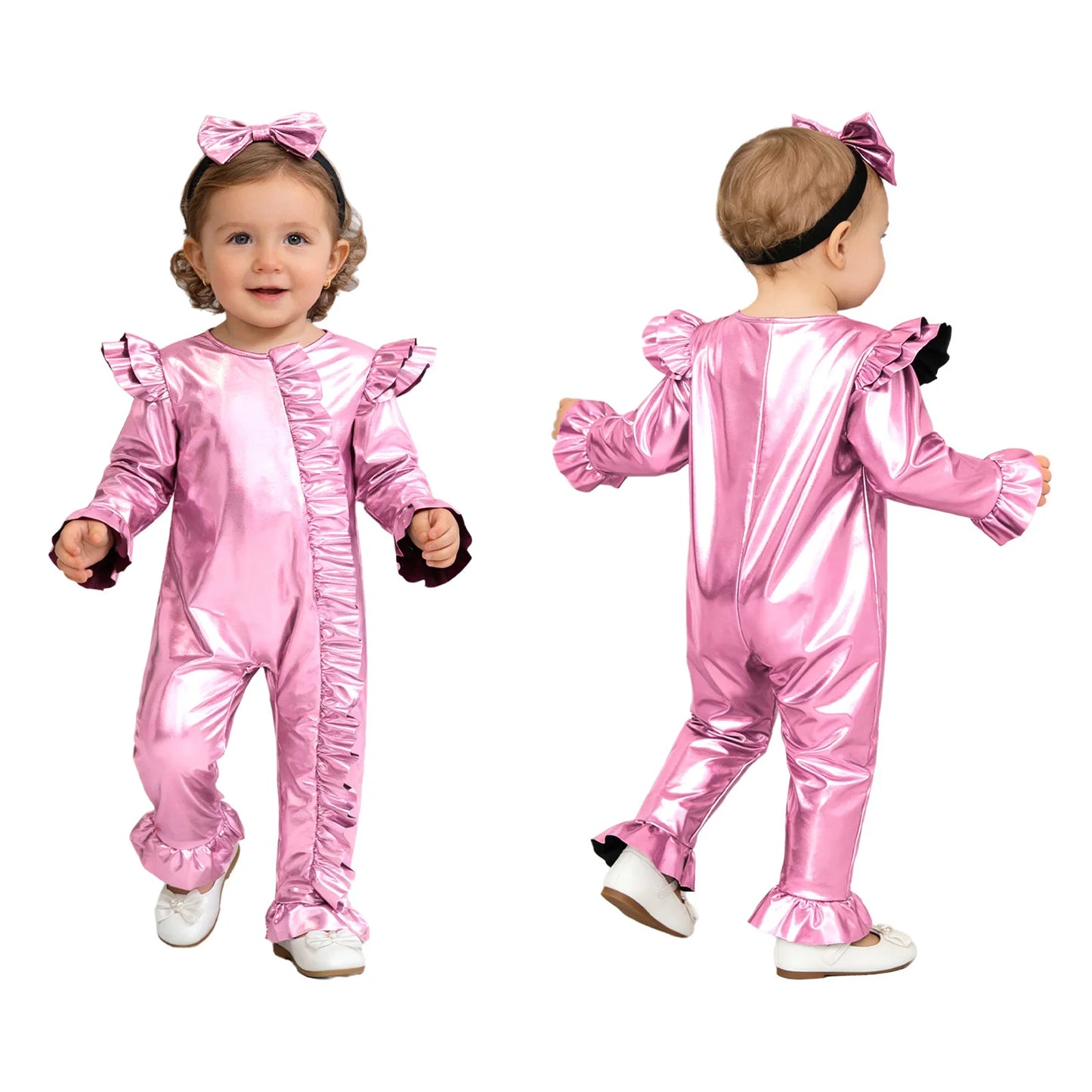 Baby Girls Clothes Birthday Party Metallic Bell Bottoms Romper Djustable Straps Bow Overalls with Headwear Photo Shoot Outfit
