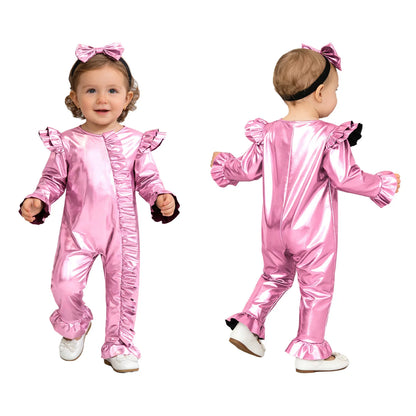 Baby Girls Clothes Birthday Party Metallic Bell Bottoms Romper Djustable Straps Bow Overalls with Headwear Photo Shoot Outfit