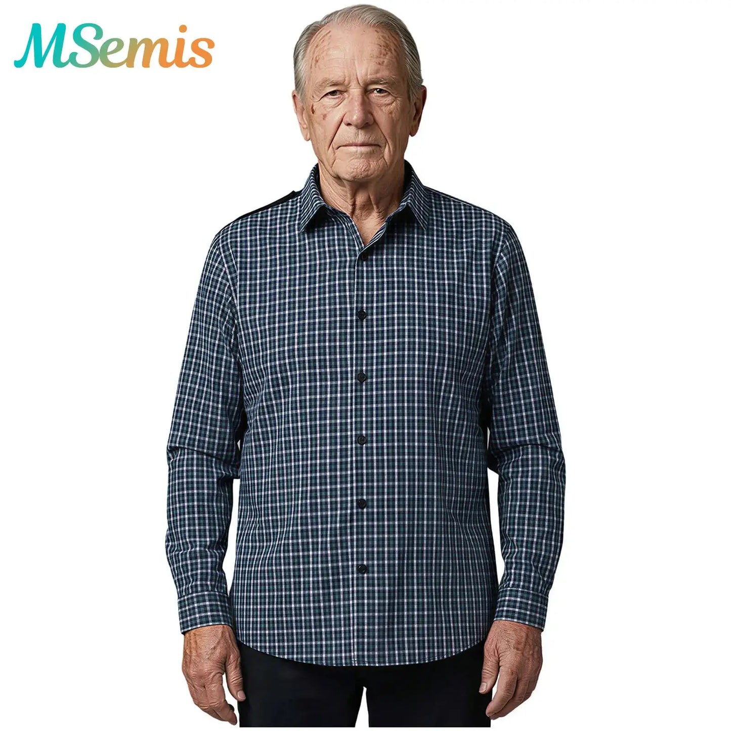 Mens Elderly Adaptive Shirts Tops Open Back with Full Back Overlap Turn-down Collar Long Sleeve Front Button-up Plaid Shirt