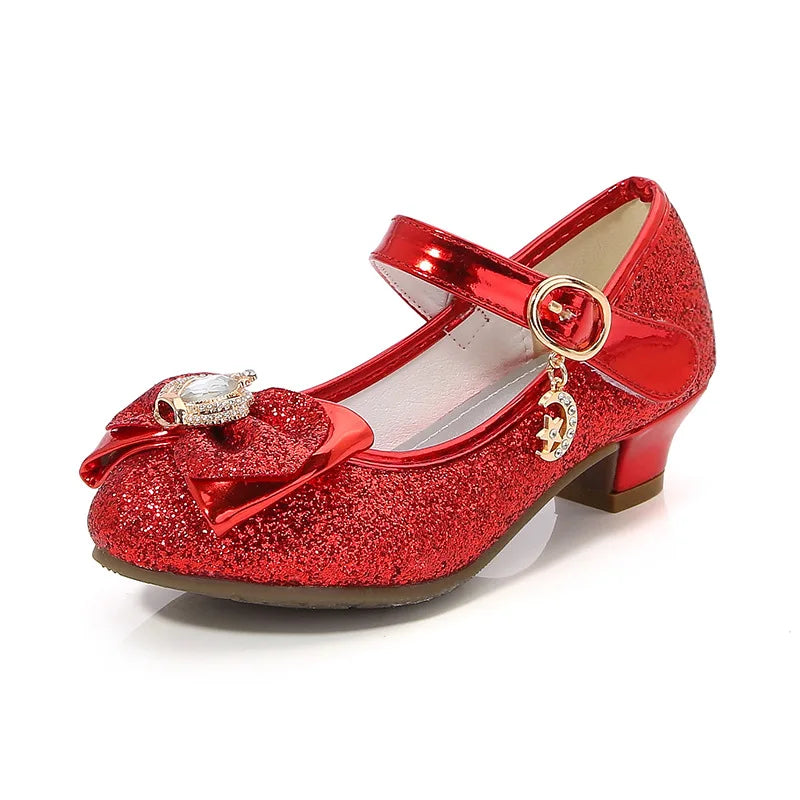 Children's High-heeled Shoes Girls Students Princess Red Leather Shoes 2025 New  Bowknot Single Girls Show Kid's Party Shoes