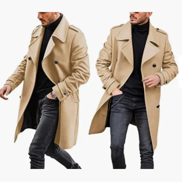 New Men's Woolen Coats Fashion Double-breasted Lapel Mid-length Jacket Solid Thicken Warm Overcoat Autumn Winter Men Trench Coat