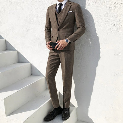 Men's Suit Business Suit Men's Wedding Groom Three-Piece Suit Wedding Retro British Style Formal Tweed
