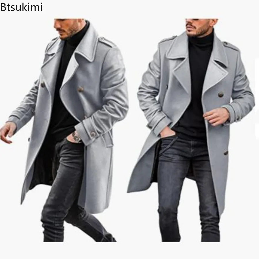 New Men's Woolen Coats Fashion Double-breasted Lapel Mid-length Jacket Solid Thicken Warm Overcoat Autumn Winter Men Trench Coat