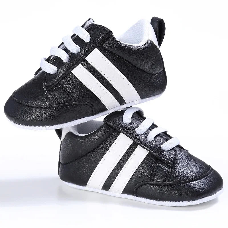 Newborn Baby Boys Shoes for 1 Year Footwear with Striped Infant Casual PU Leather Toddler Soft Sole Girls Sneakers First Walkers