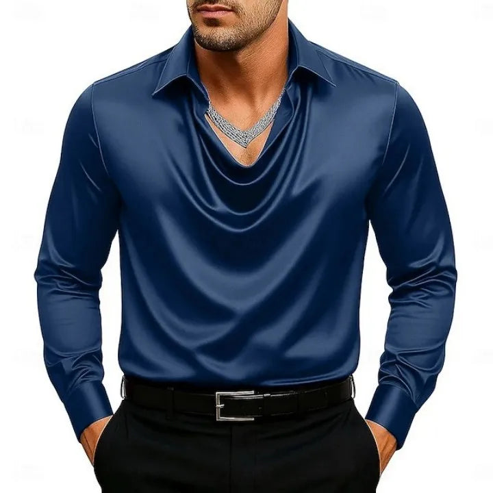 Casual Men Satin Silky Dress Shirts Long Sleeve Social Single Breasted Turn-Down Collar Shirts Wedding Party Men clothes