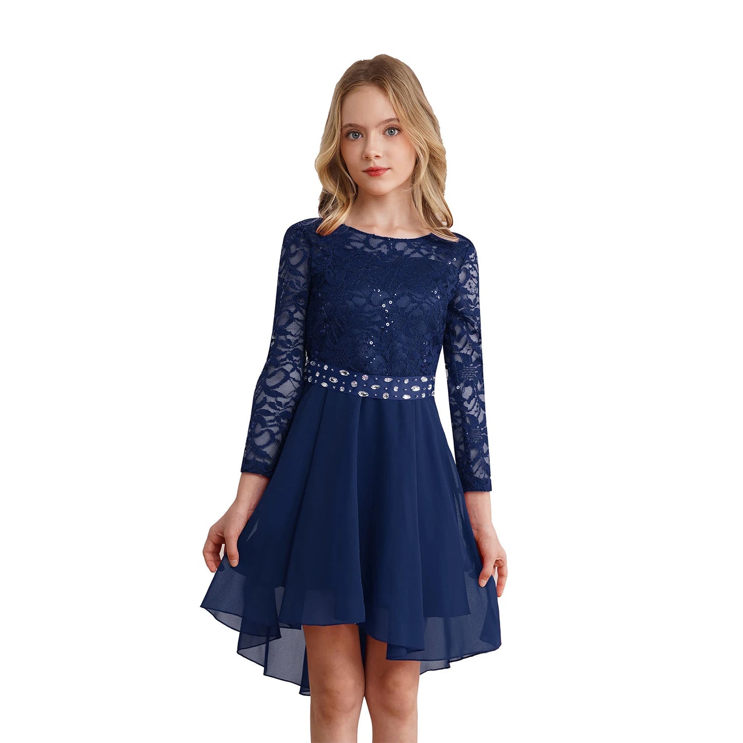 Teen Girls Elegant Scoop Neck Floral Lace Formal Wedding Party Dress Flower Girls Long Sleeve High-Low Chiffon Bridesmaid Dress