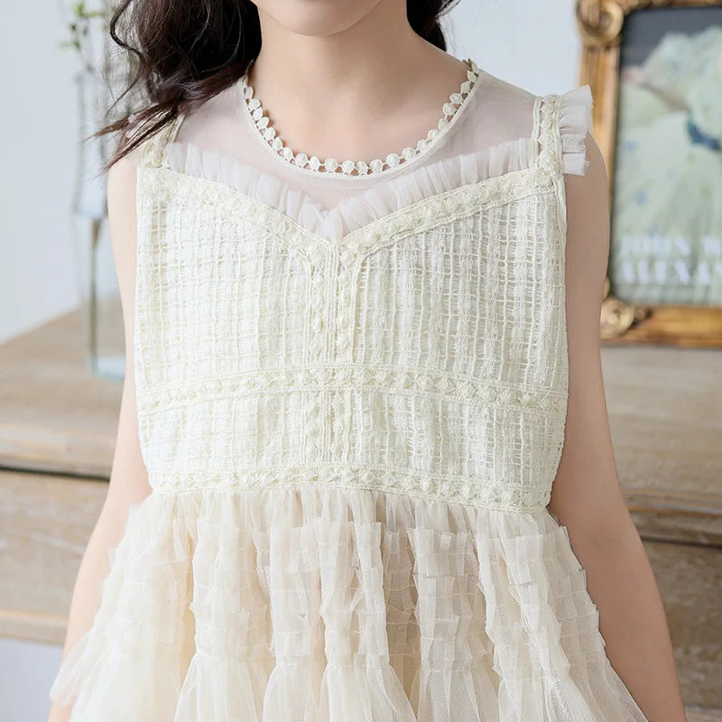 Tulle Tiered Dress for Girls 2026 New Summer Sleeveless Vest Princess Dress Daily Party Holiday Beige Teenage Children Clothes
