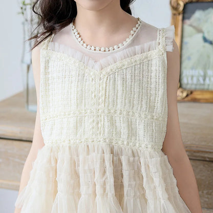 Tulle Tiered Dress for Girls 2026 New Summer Sleeveless Vest Princess Dress Daily Party Holiday Beige Teenage Children Clothes