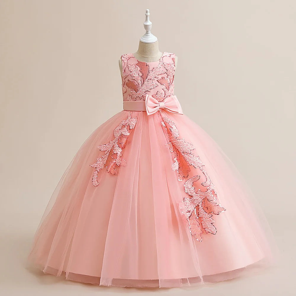Formal Party Dress For Teenage Girls Tulle Sequins Embroidery Princess Dress For Kids Wedding Birthday Pageant Prom Maxi Gown