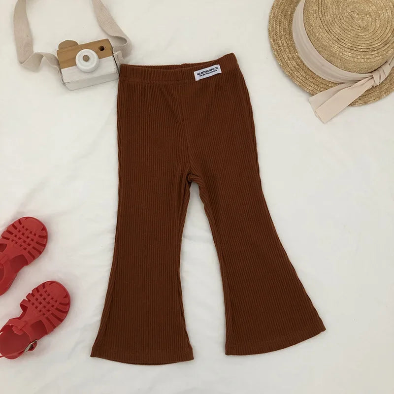 Girls' Bell Bottom Pants 2025 Spring New Style, Stylish, Solid Color, Slim Fit, 9% Casual Bottom Pants Trend for Little Girls