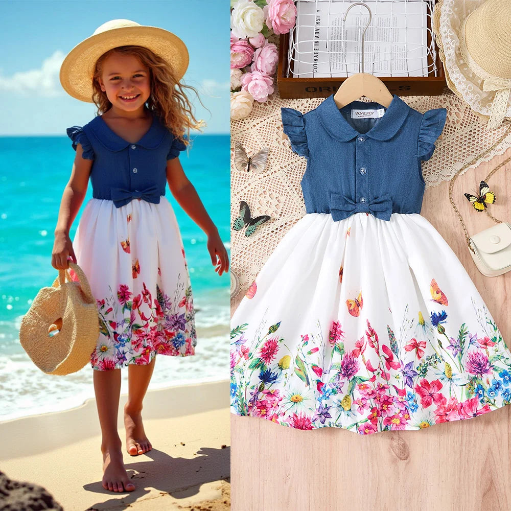Girls Casual Dresses Denim Print Button Bow Ruffled sleeves Floral Tulle Cute Princess Formal Dresses Children Casual Dresses