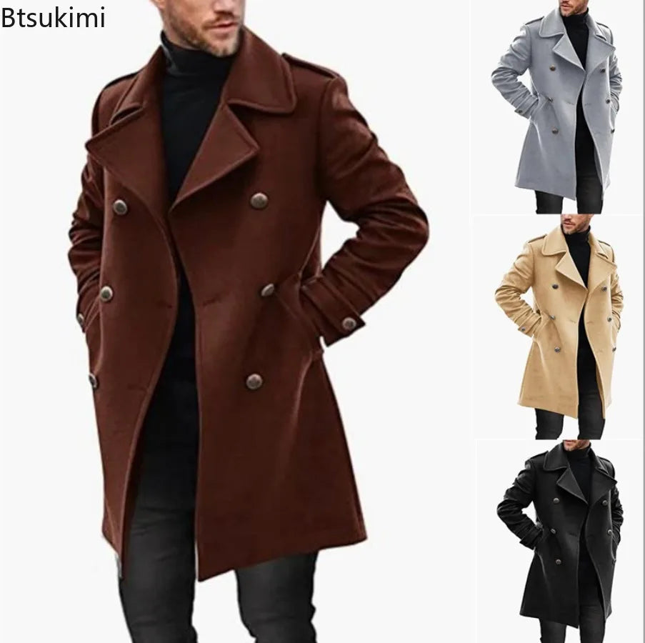 New Men's Woolen Coats Fashion Double-breasted Lapel Mid-length Jacket Solid Thicken Warm Overcoat Autumn Winter Men Trench Coat