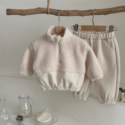 1-3 Year Baby Boy Girls Clothing Set Winter Autumn Lamb Fleece Sweatshirt Pants 2Pc Children Suit Toddler Kid Casual Outfit