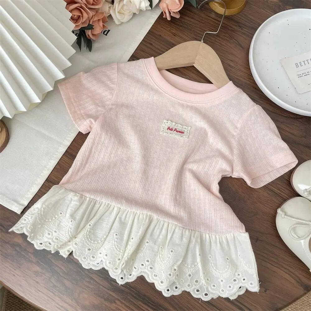 Girls' T-Shirt Summer 2026 New Lace Short Sleeve T-Shirt Blouse Underwear Children's Fashion Comfortable Top