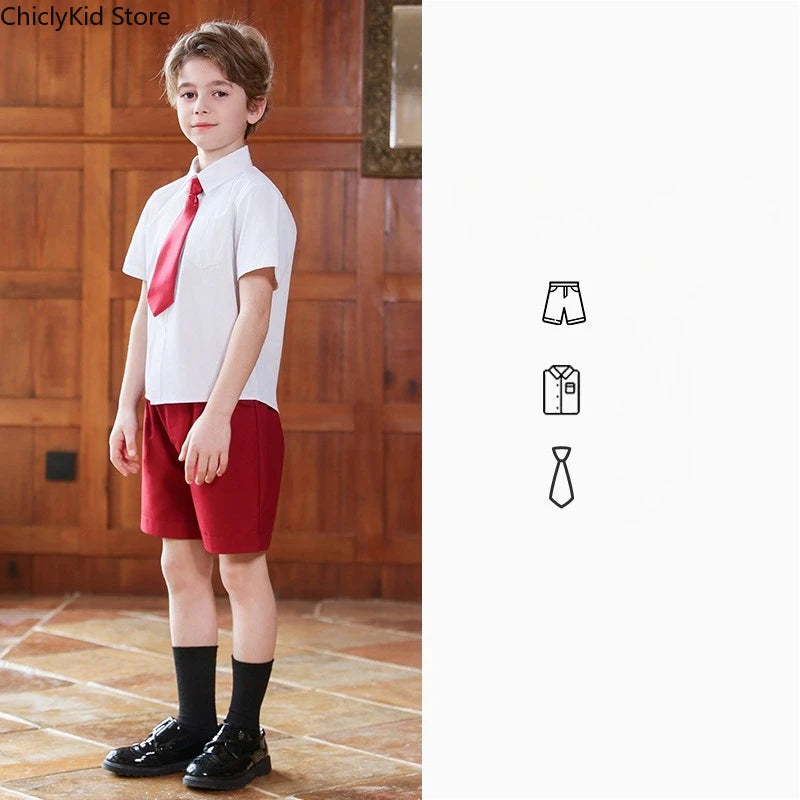 Girls Short Sleeve Blouse Skirt Boys British Shirt Shorts Children Kindergarten Students Summer Clothes Sets Kids School Uniform