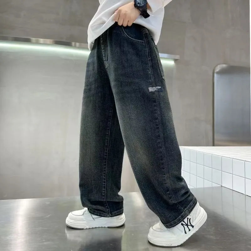 Teenage Boys Denim Pants Spring Autumn Kids Fashion Letter Jeans Pants Casual Loose Straight Trousers for 4-14 Years Old