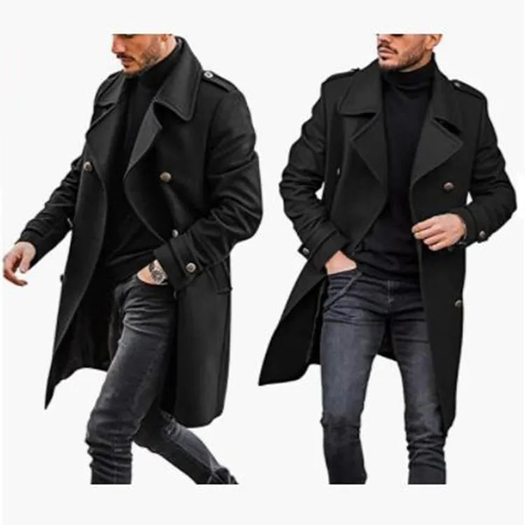 New Men's Woolen Coats Fashion Double-breasted Lapel Mid-length Jacket Solid Thicken Warm Overcoat Autumn Winter Men Trench Coat