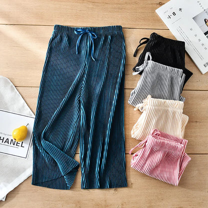2025 New Girls' Pleated Wide-Leg Pants, Chiffon Ice Silk 9/10 Trousers, Loose Casual & Stylish Summer Wear，For Daily Wear.