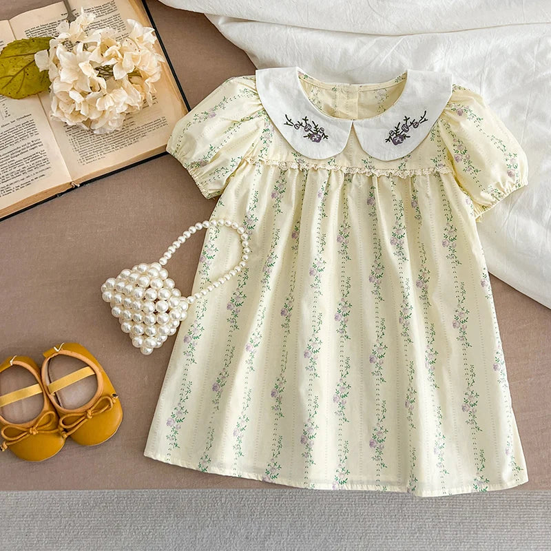 New Girls Clothes 1-6Yrs Baby Girls Dresses Floral Purple Puff Sleeve Dress Summer Dresses Embroidered Collar Boutique Clothes