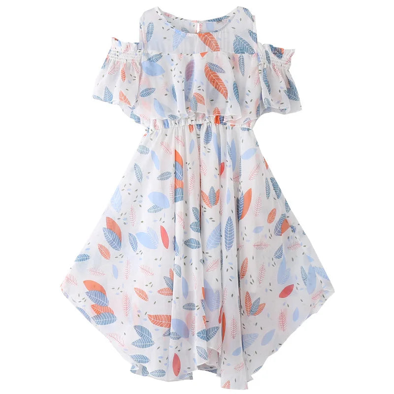 2026 teens Summer baby Girls Dress Clothes mesh leaf Bohemian Floral Off Shoulder chiffon Long Beach 3 4 5 6 7 8 9 10 12 years