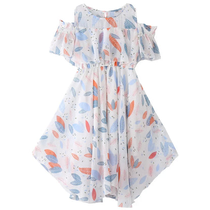 2026 teens Summer baby Girls Dress Clothes mesh leaf Bohemian Floral Off Shoulder chiffon Long Beach 3 4 5 6 7 8 9 10 12 years