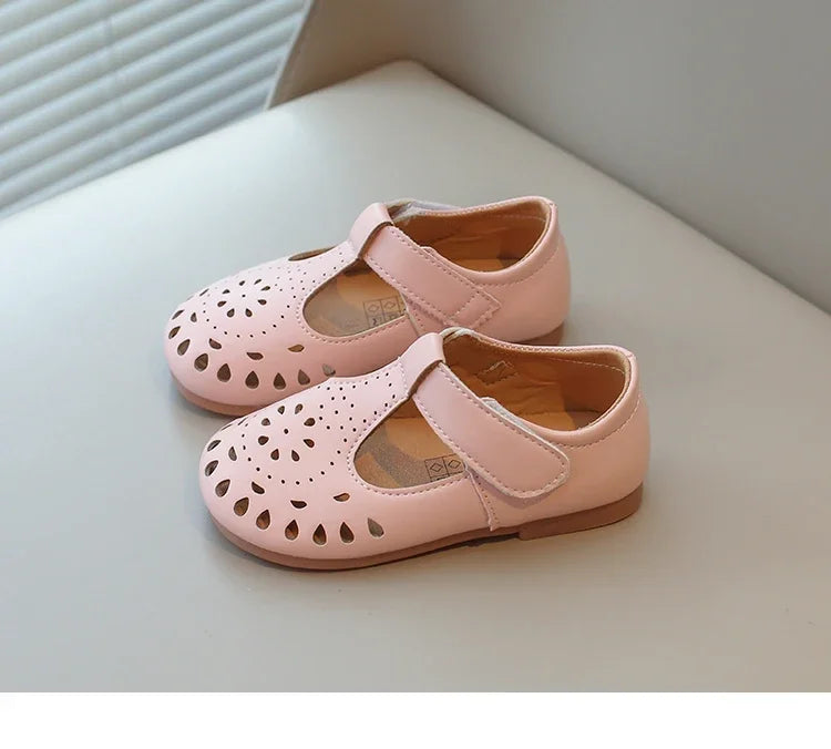 Baby Girls Dress Shoes for Wedding Party Cut-outs Hollow Soft Princess Breathable Kids Leather Flats T-strap 2025 Spring Summer