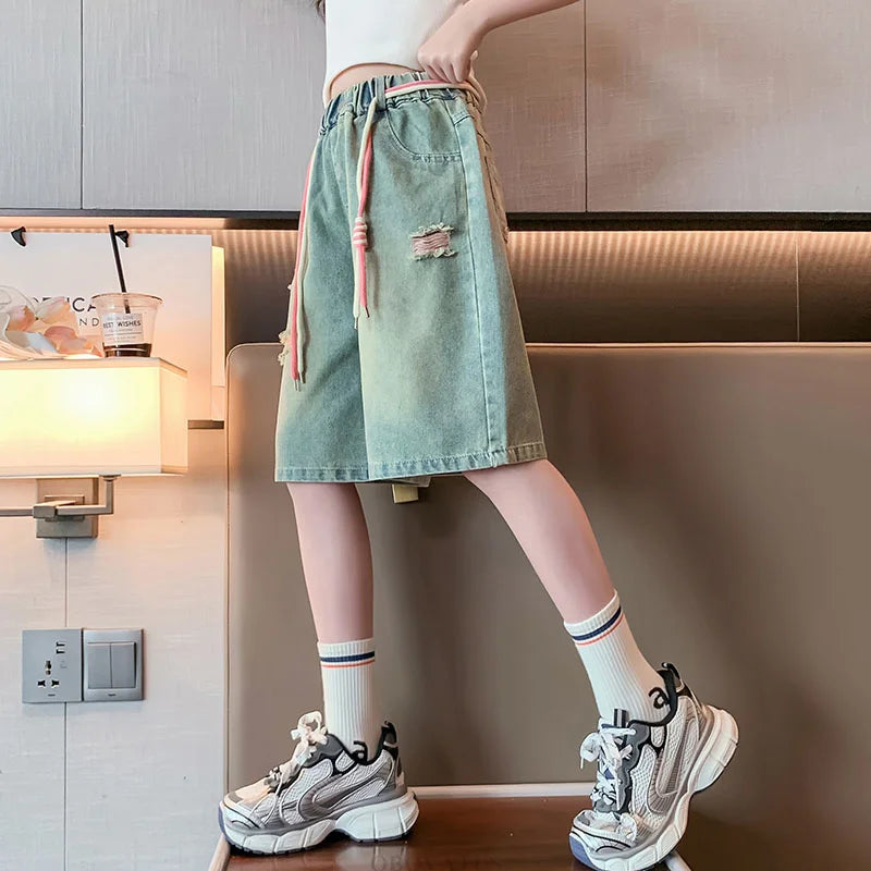 Teen Girls Knee-Length Denim Shorts Kids Elastic Waist Summer Ripped Shorts Pants For Teenager Casual Outfit Age 5 To 14 Years