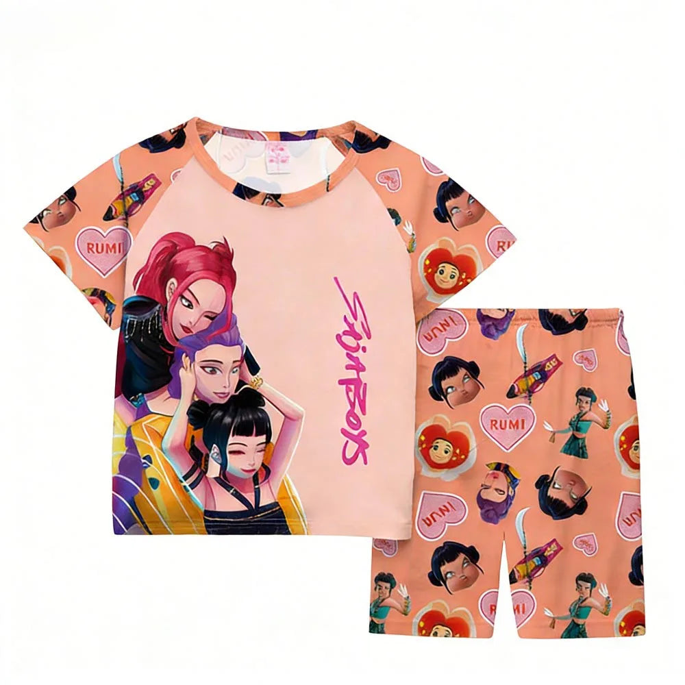 Girls Pajamas Sets Kids Toddler 3 to 8 10 11 12 Years Kpop Demon Hunters Summer Pjs Tops+Shorts Two Pieces Pijamas Sleepwear Set