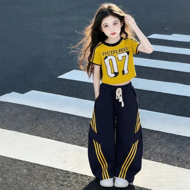 Summer Teenage Girls Clothes Set Children ONeck Tshirt and Casual Long Pants Suit Student School Short Sleeve Top Bottom Outfits