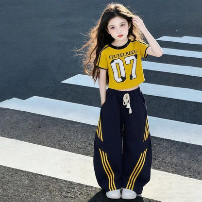 Summer Teenage Girls Clothes Set Children ONeck Tshirt and Casual Long Pants Suit Student School Short Sleeve Top Bottom Outfits