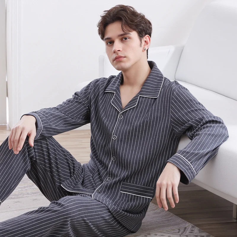 New Men's Pajamas Spring and Autumn Set, Can Be Worn Outside, Cardigan Loungewear, Casual Long-Sleeved, Large Size, Loose Fit, Autumn and Winter