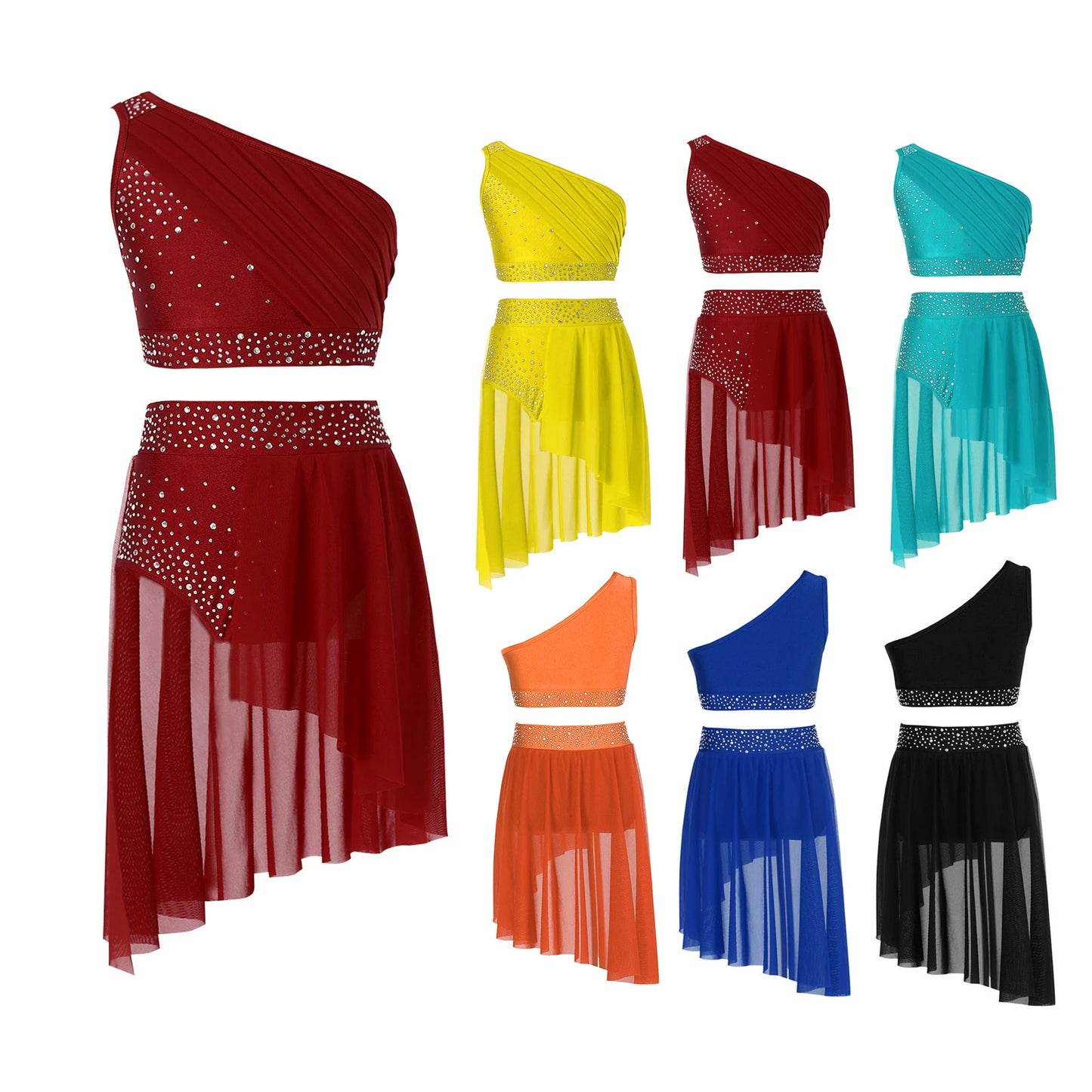 Teen Girls Modern Lyrical Dance Performance Outfit One Shoulder Crop Top with Leotard Skirt for Jazz Skating Ballet Gymnastics