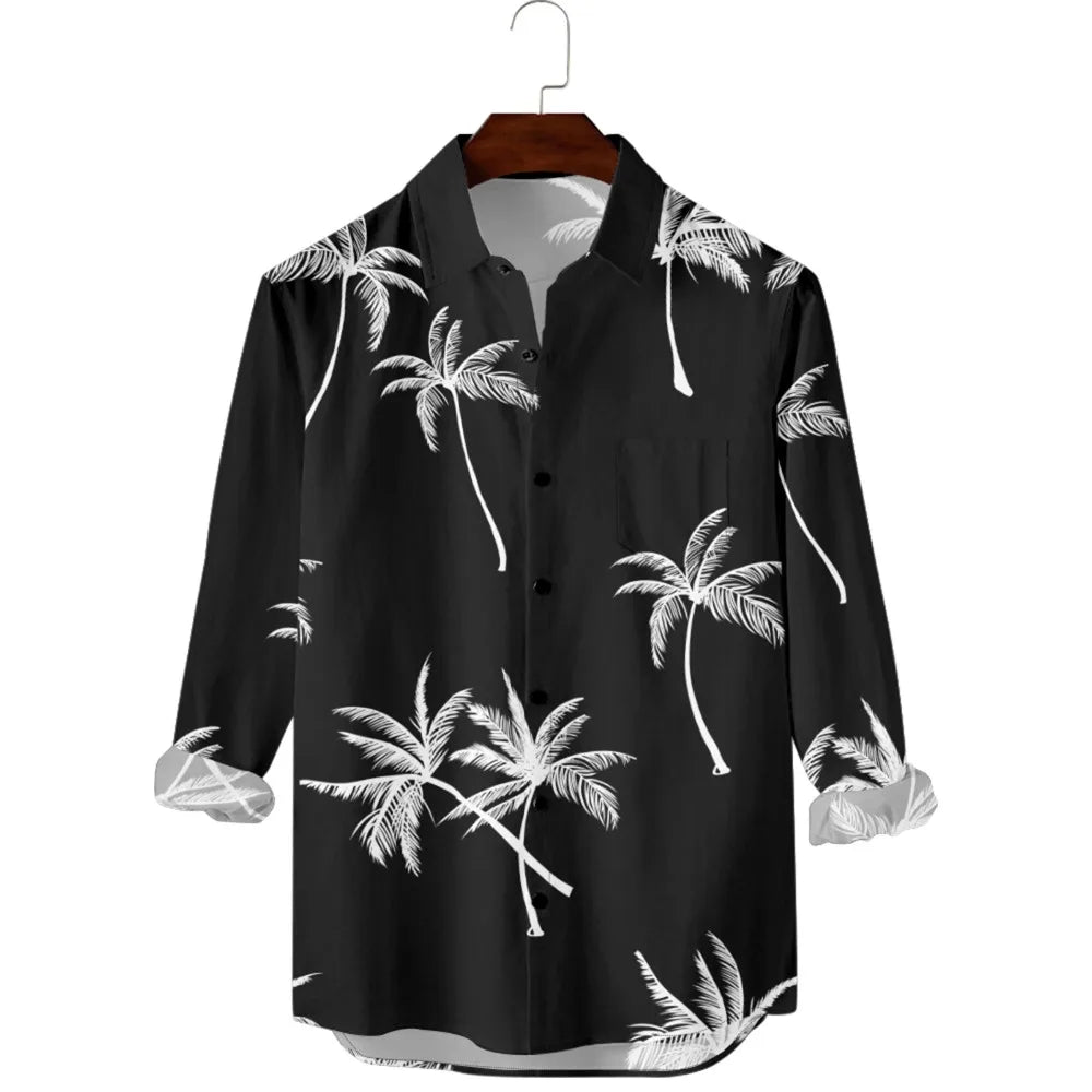 Hawaiian Men Shirts Sunset Oasis Palms Print Full Sleeve Streetwear Button Up Casual Beach to Bar Parties Poolside Shirt Pocket