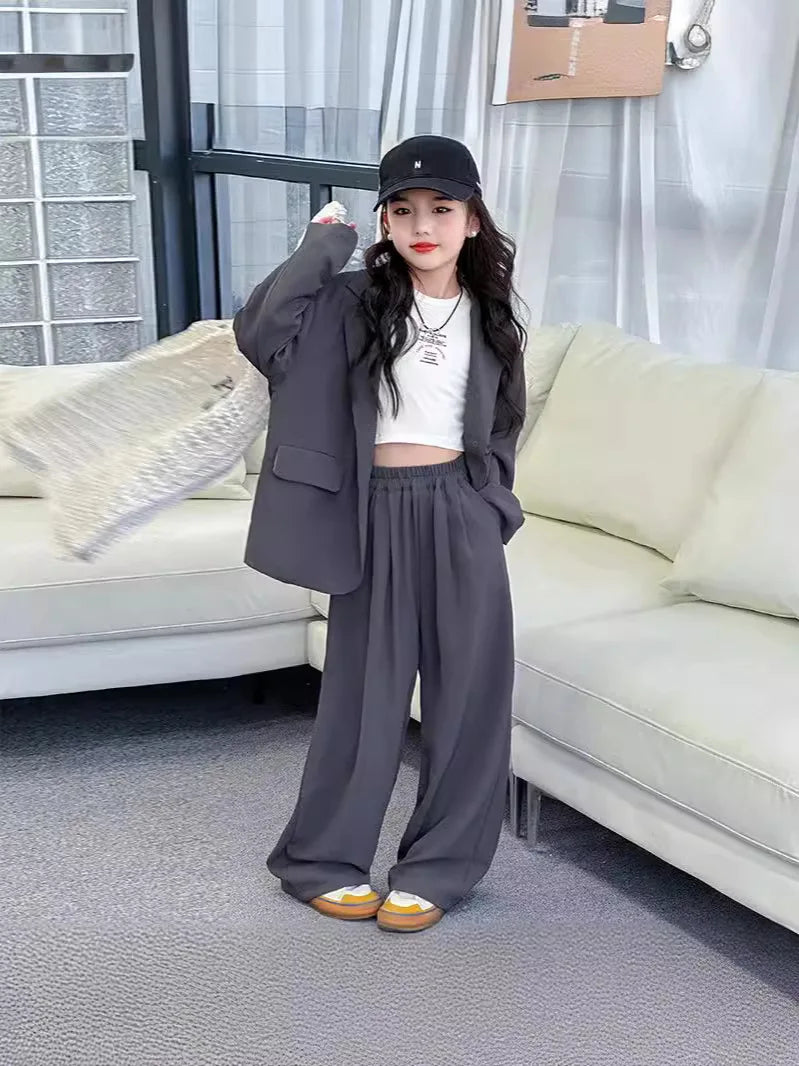 Spring Autumn Girls Blazer Suits Clothing Set Kids Jackets+Pants Fashion Loose Teenage Casual Outfits 4-14 child Casual Costumes