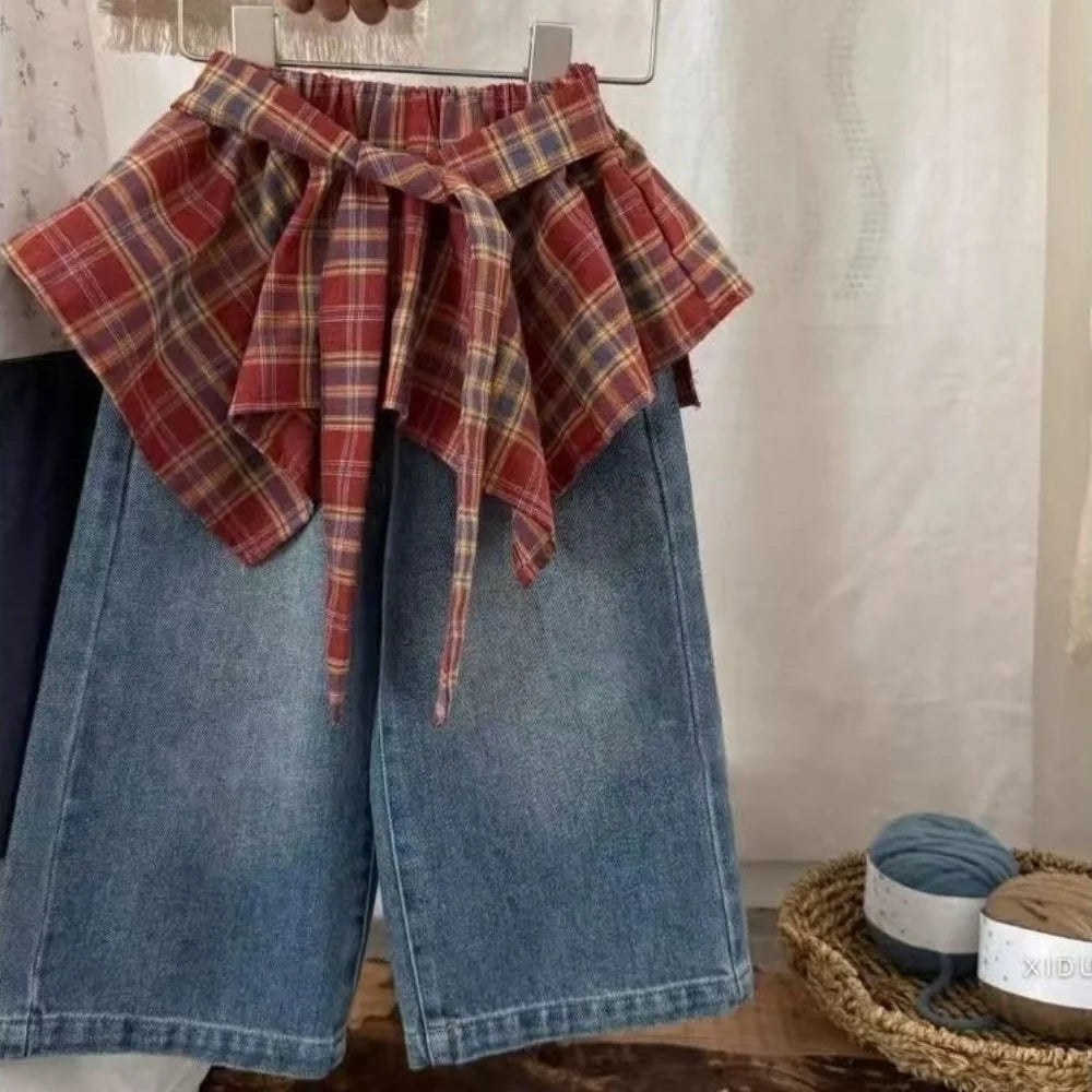 Girls' Pants 2025 New Stylish Little Girl Super Good-looking Retro Red Checkered Lace Up Fart Curtain Denim Skirt Pants