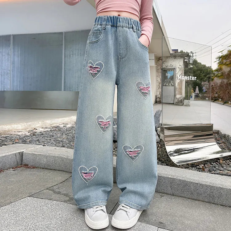 Teen Girls Denim Pants Spring Autumn New Heart Print Hole Wide Leg Pants For 5 6 8 10 12 14 Years Girls Stylish Trousers