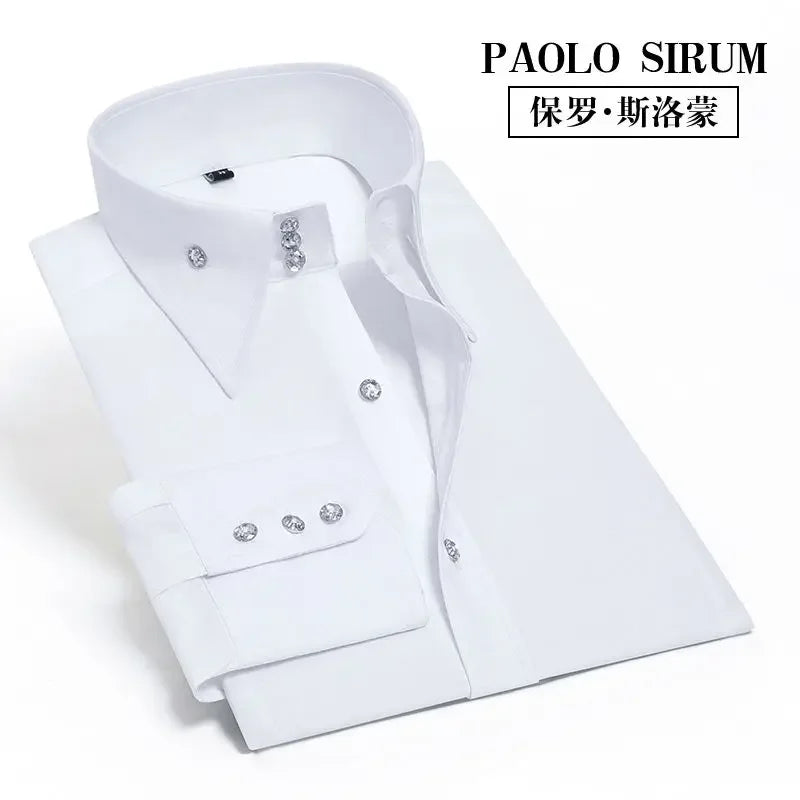 Men's Dress Shirts Non-ironing Formal Collar Shirt Fashion Korean Slim Solid Color Business Casual Shirt White Spring Autumn