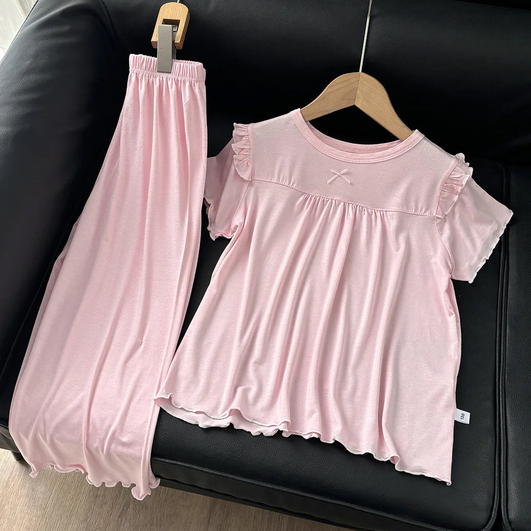 Girls' Short Sleeved Pajamas Home Clothes Set Modal Spring and Summer Thin Edition Children's Air Conditioning Lace Princess