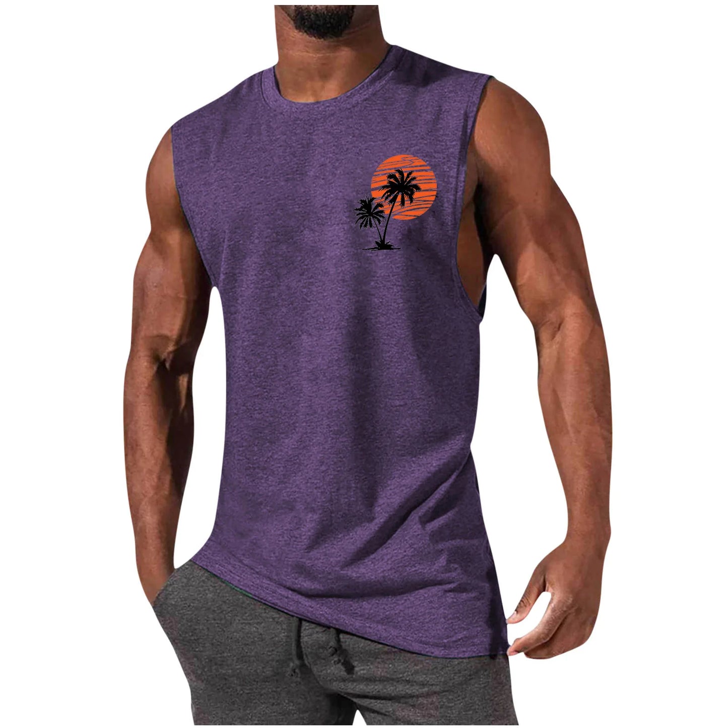 2025 Men's Hawaiian Beach Shirt Tropical Sunset Print Sleeveless Tank Top Palm Tree Vacation Swim Shirt Quick Dry Resort Wear