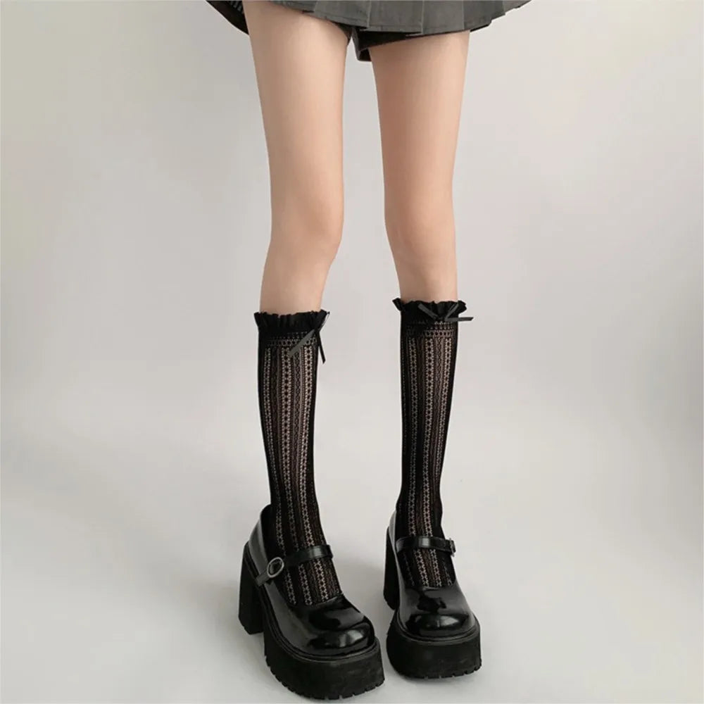 Sweet Girls Long Socks Stockings  Lolita Bowknot Ruffles Knee Socks Women Hollow Out Mesh Fishnet Stockings